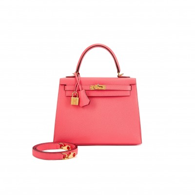 HERMÈS ROSE AZALEE EPSOM KELLY 25 SELLIER GOLD HARDWARE (25*17*7cm) 